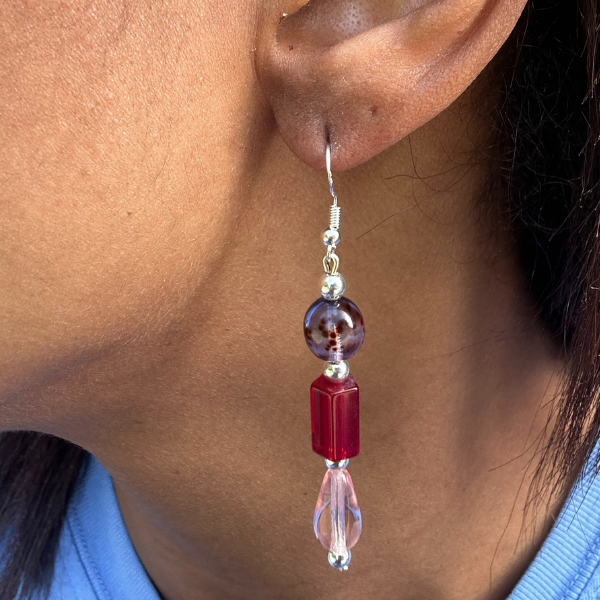 Peace N Beads Design handmade earrings with brown round bead red rectangular bead and pink teardrop dangle