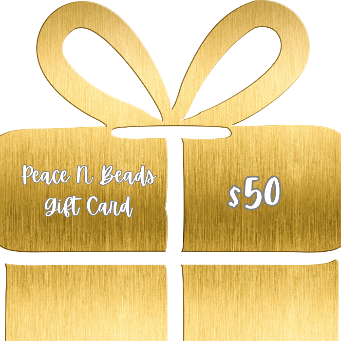 Peace N Beads eGift Cards in gold design featuring a 50 dollar value with a decorative bow