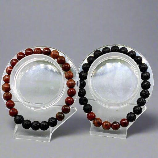 Peace N Beads Design Energy Balancing Bracelets Root Chakra with red and black beads on clear stands