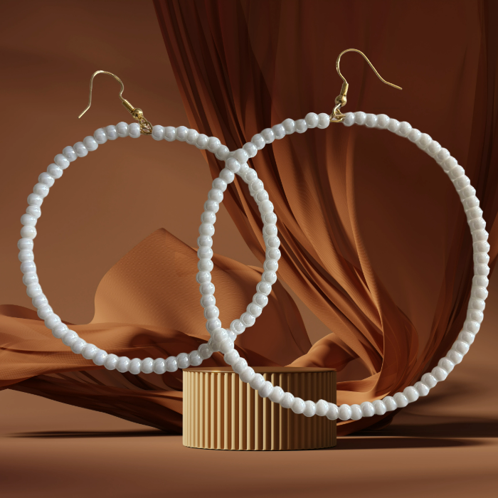 Glamorous Oversized Hoops Peace N Beads white beaded large hoop earrings with gold hooks