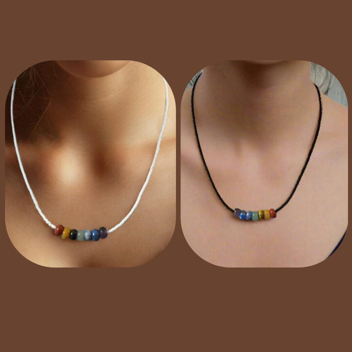 Handcrafted Chakra Necklace with Genuine Gemstones displayed on models in white and black styles