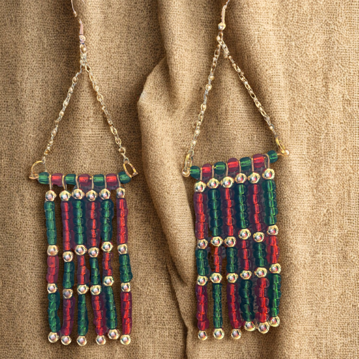 Handmade Drop Earrings featuring colorful beaded design with gold tone chain for a unique look