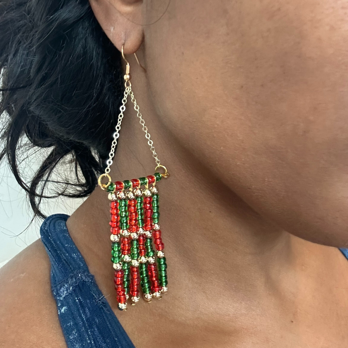 Colorful handmade drop earrings with red and green beads, perfect for festive occasions