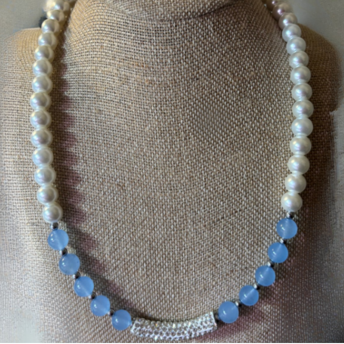 Elegant Handmade Light Blue Glass Beads with Rhinestone Accent Jewelry Set displayed on a textured bust