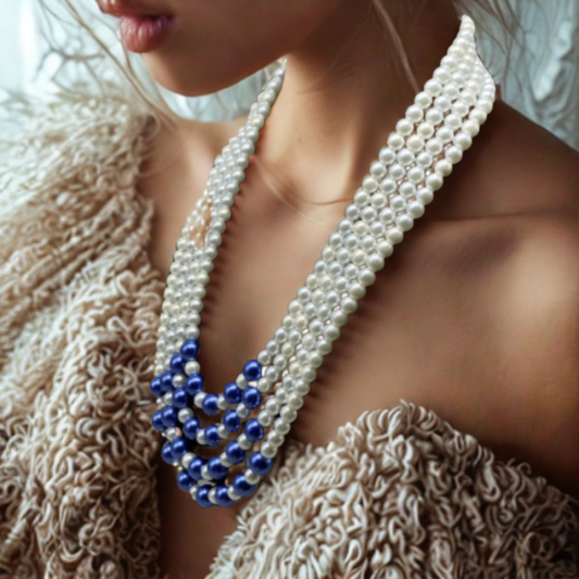 Handmade Royal Blue and White 4 Strand Pearl Necklace by Peace N Beads worn on a woman