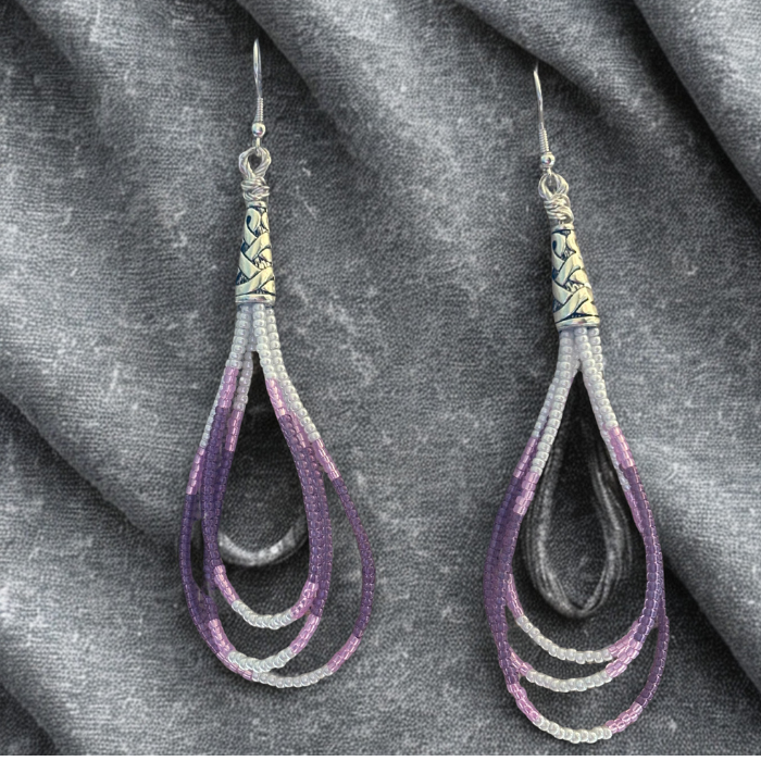 Lavender, Pink and White Seed Bead Drop Earrings with Elegant Design and Silver Hooks