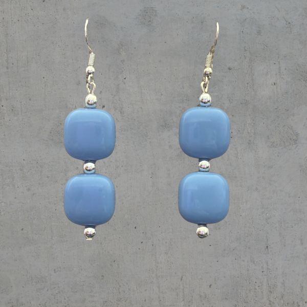 Peace N Beads Light Blue and White Drop Earrings with square light blue beads and silver accents