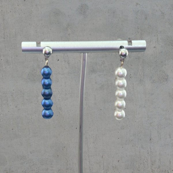 Peace N Beads Long Stud Drop Earrings featuring dangling blue and white pearl beads