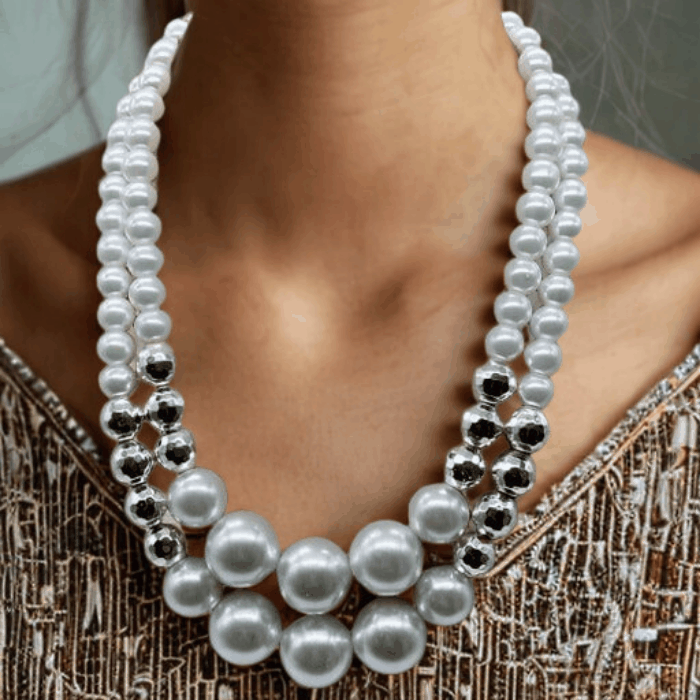 Luxurious Hematite and White Glass Pearl Necklace with double strands worn on model