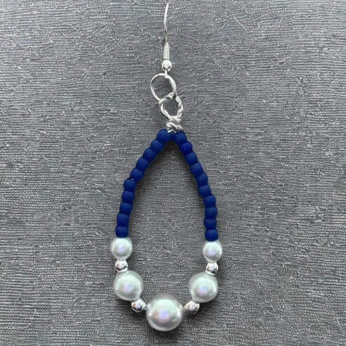 Oval Beaded and Pearl Earrings by Peace N Beads Design featuring blue beads and white pearls