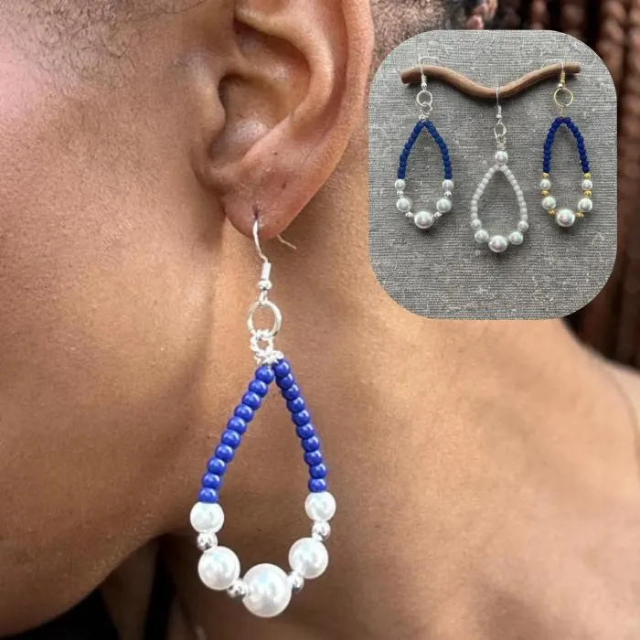 Oval Beaded and Pearl Earrings by Peace N Beads Design worn on ear with blue beads and white pearls