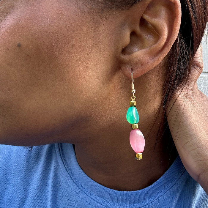 Pink and Green Drop Earrings by Peace N Beads Design worn on ear with gold accents