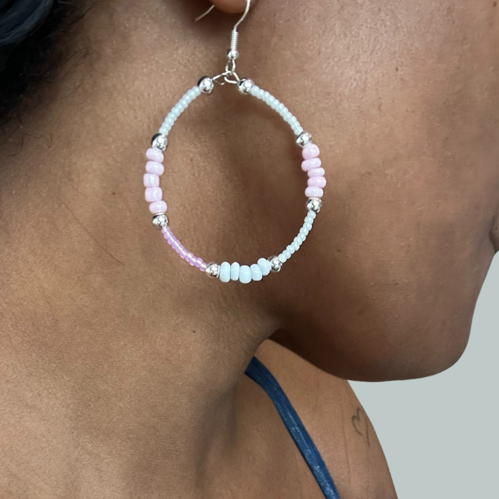 Pink Seed Bead Hoop Earrings featuring pastel colors and silver accents for a stylish look