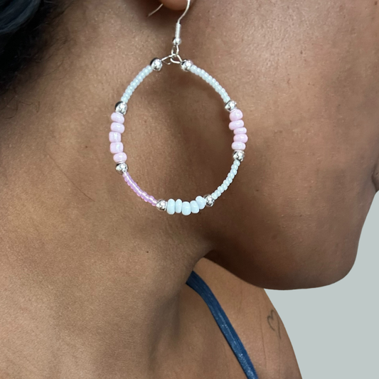 Pink Seed Bead Hoop Earrings featuring pastel colors and silver accents for a stylish look