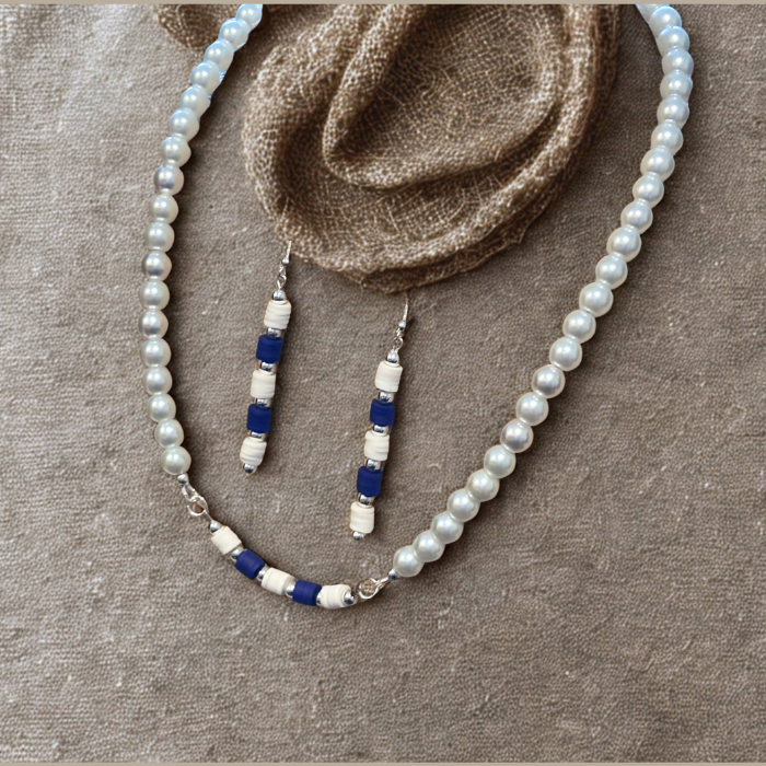 Elegant Royal Blue and White Jewelry Set featuring a pearl necklace and matching earrings