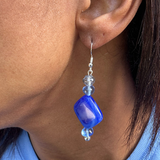 Peace N Beads Design Royal Blue Drop Earrings featuring blue and clear beads on silver hook