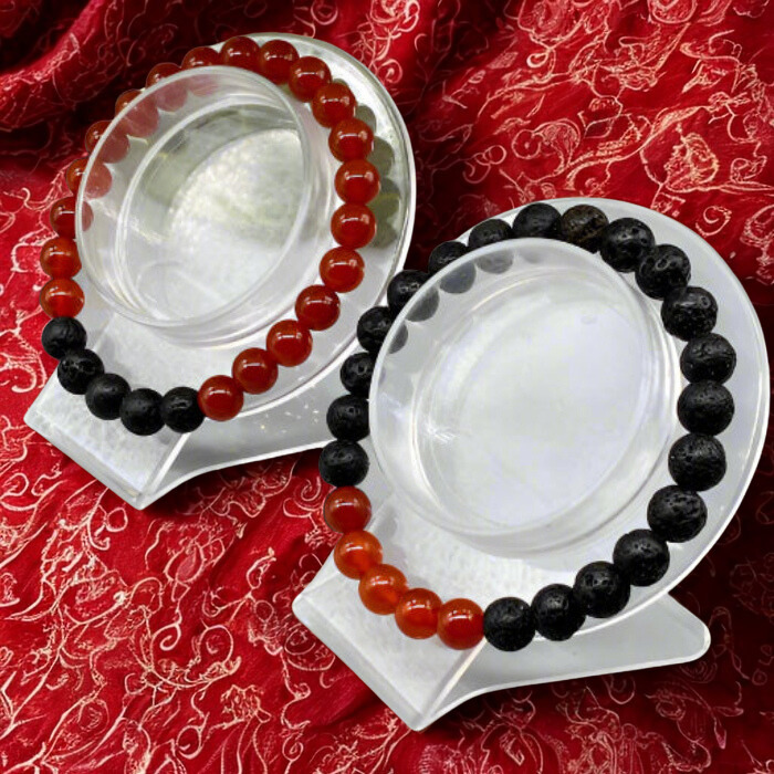 Sacral Plexus Chakra Bracelets made with natural stone beads on a display plate