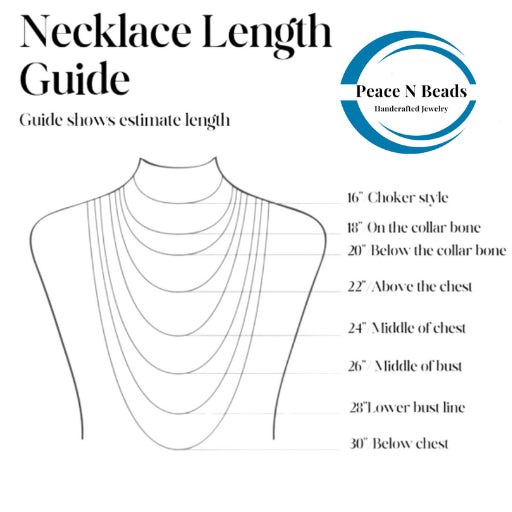 Necklace length guide diagram by Peace N Beads showing various single strand blue glass pearl necklace lengths from 16 to 30 inches