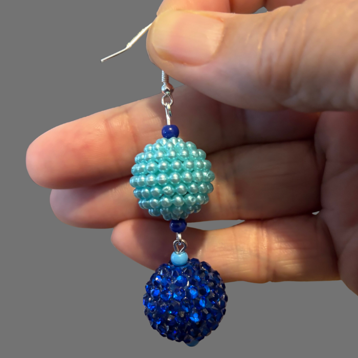 Sky and Royal Blue Drop Earrings with Beaded Design and Silver Findings