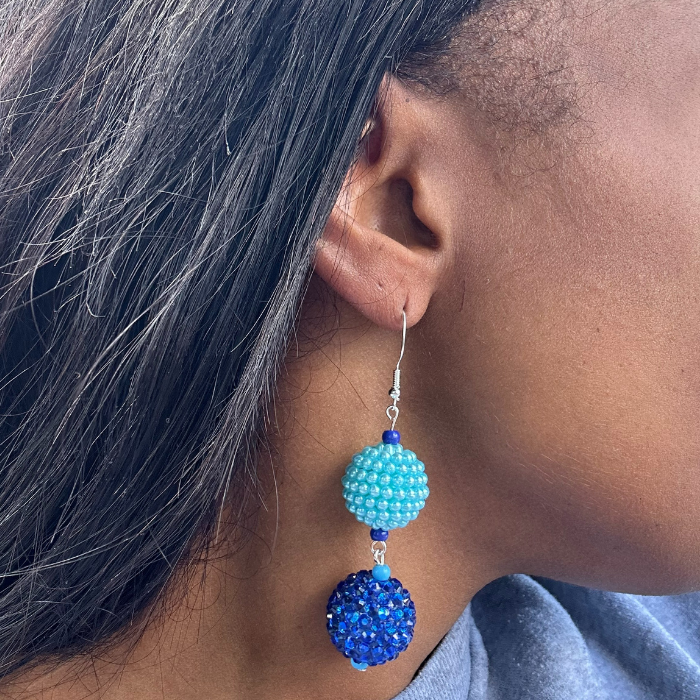 Sky and Royal Blue Drop Earrings featuring vibrant beaded design for a stylish look