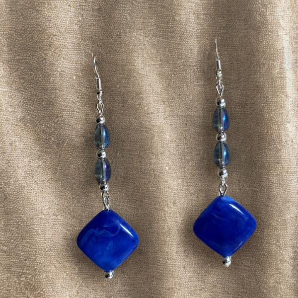 Peace N Beads Design Sophisticated Rectangle Drop Earrings in Royal Blue. featuring blue diamond beads and silver hooks