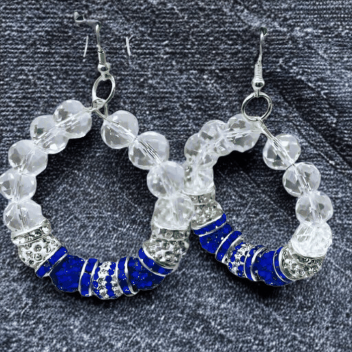 Peace N Beads Stunning Beaded Hoop Earrings with clear and blue beads and silver accents