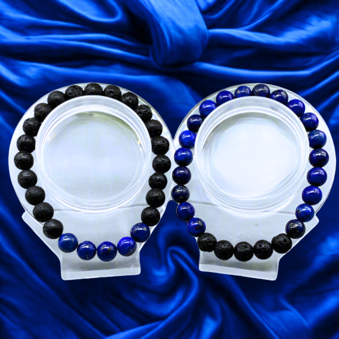 Third Eye Chakra Bracelet set featuring Lapis Lazuli and Black Lava Stone beads on a stylish display