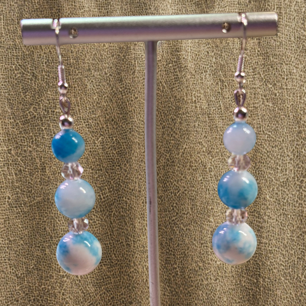 Peace N Beads Design Three-Tiered Blue and White Crystal Earrings with marbled round beads and silver hooks