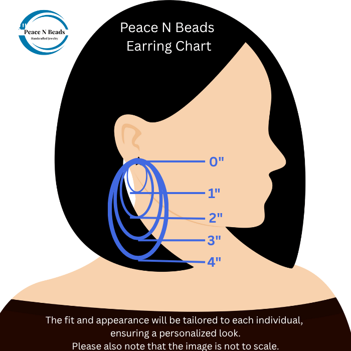 Earring chart visual from Peace N Beads showing three-tiered blue and white crystal earrings on a model