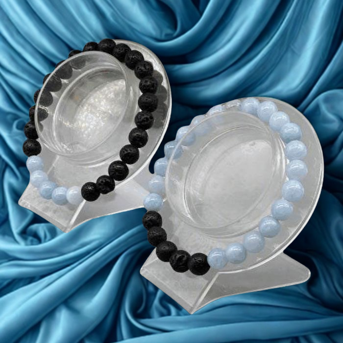 Peace N Beads Design Throat Chakra Bracelets featuring black lava and light blue beads