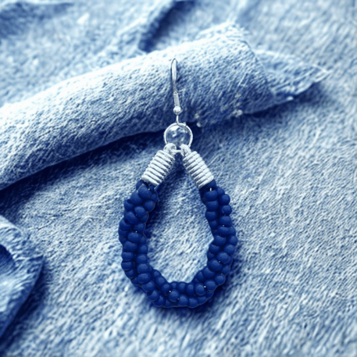 Peace N Beads Twisted Royal Blue and White Hoop Earrings with textured bead design