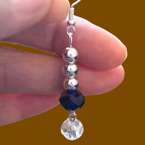 Unique Crystal Royal Blue Drop Earrings by Peace N Beads Design dangling with silver beads clear teardrop