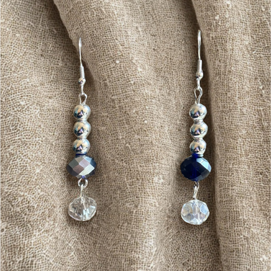 Unique Crystal Royal Blue Drop Earrings by Peace N Beads Design silver bead dangle with faceted royal blue and clear crystal drops
