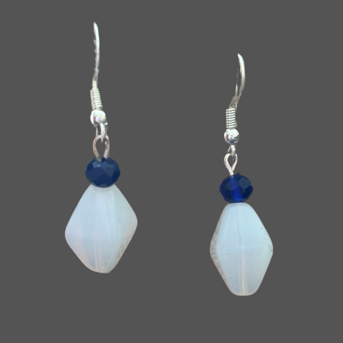 Peace N Beads Design White Acrylic Blue Crystal Drop Earrings with silver hooks