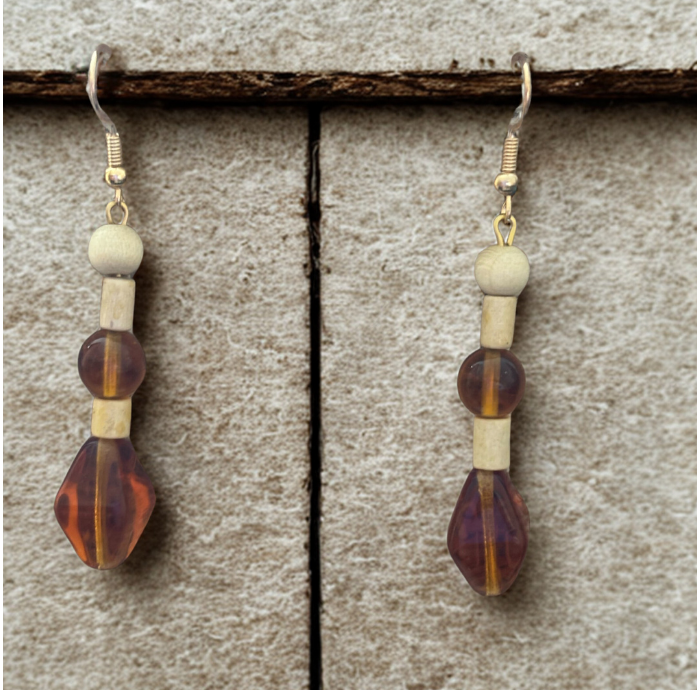 Peace N Beads Design Wood and Orange Glass Drop Earrings with wooden beads and orange glass accents