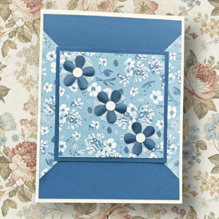 Petals and Penmanship Note Cards featuring a floral design in blue with decorative flower embellishments