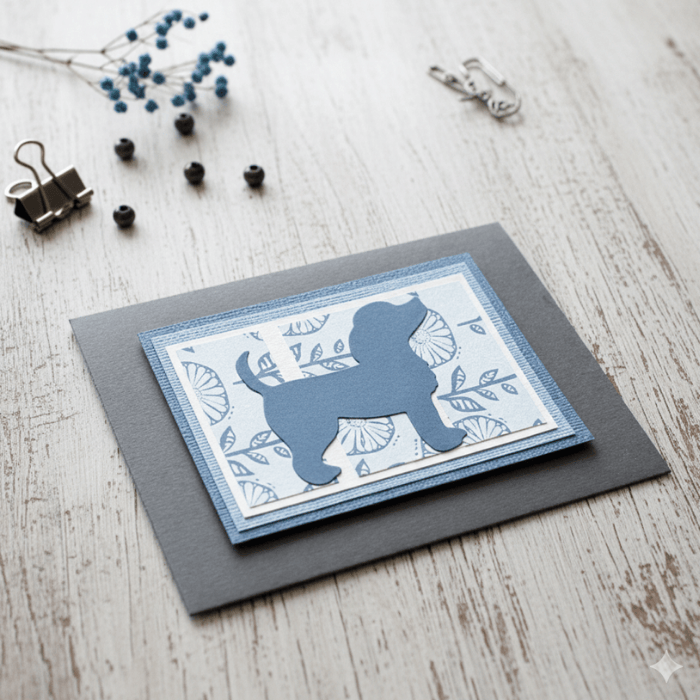 Puppy Paws and Kisses Note Cards featuring a cute dog silhouette on decorative background