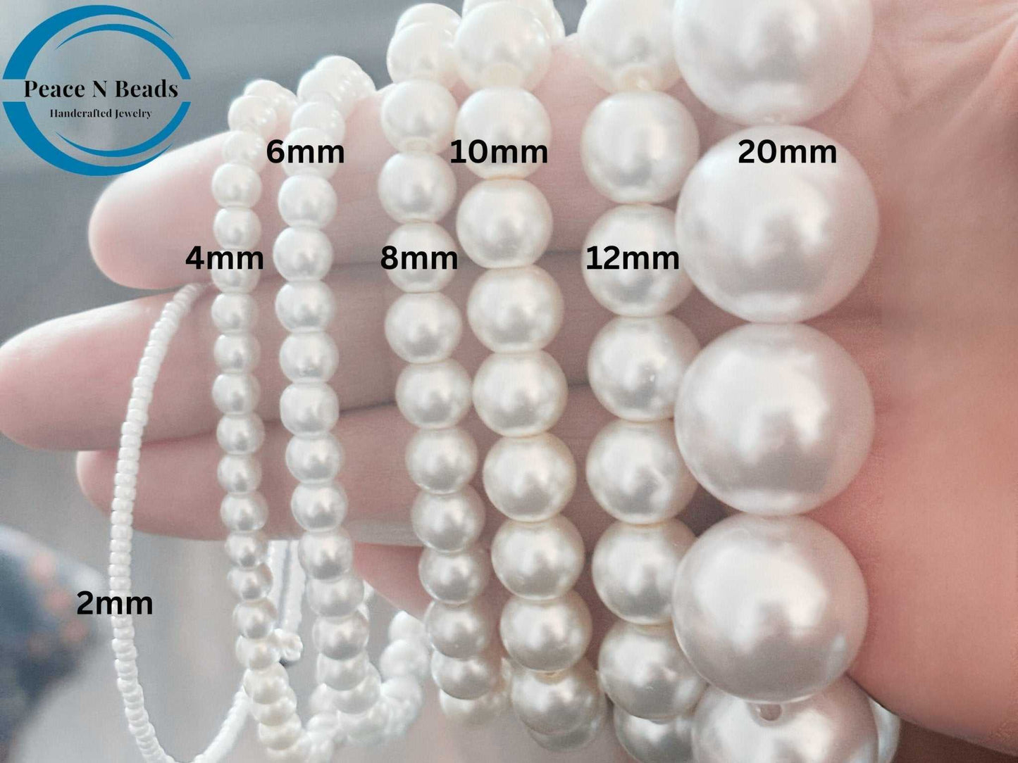 Peace N Beads white glass pearls necklace strands in various sizes from 2mm to 20mm beads