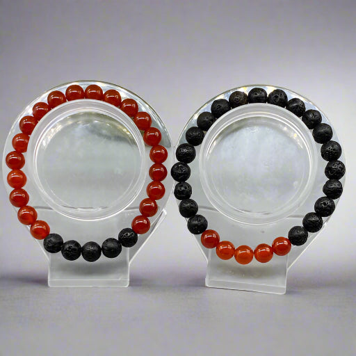 Peace N Beads Design Sacral Plexus Chakra Bracelets featuring red and black beads on clear stands