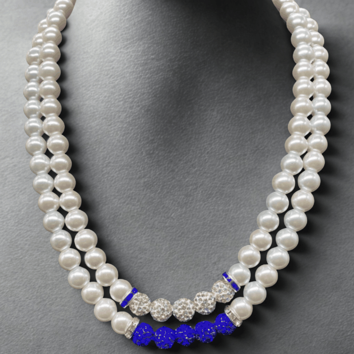 Sapphire Sparkle Rhinestone Bead and Glass Pearl Necklace with double strands of white pearls and blue rhinestone accents