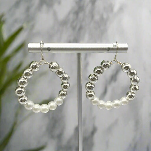 Silver Pearl Hoop Earrings-Peace N Beads Design