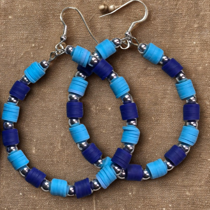 Sky and Royal Blue Three Strand Bracelet with Earrings featuring vibrant beads and silver accents