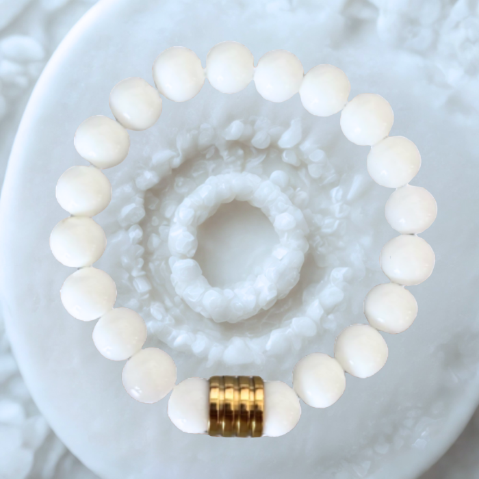 Solid White Jade Gemstone Bracelet with Gold Accents and Smooth Beads for Men