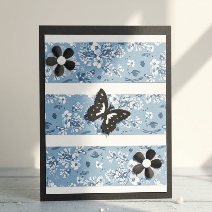 Where Butterflies Bloom Note Cards featuring floral design and butterfly embellishments in blue and black
