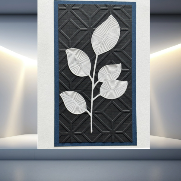 Whispers of the Wild Nature's Leaf Collection Note Cards with textured white leaf design on black geometric background