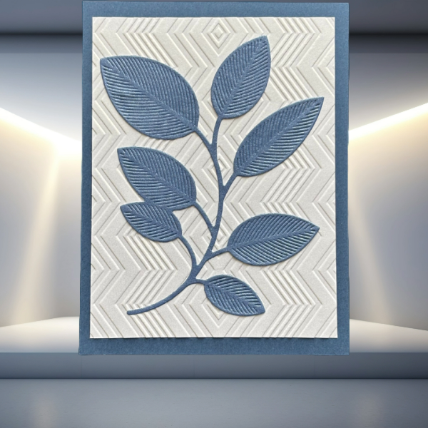 Whispers of the Wild Nature's Leaf Collection Note Cards with embossed blue leaves on textured white background