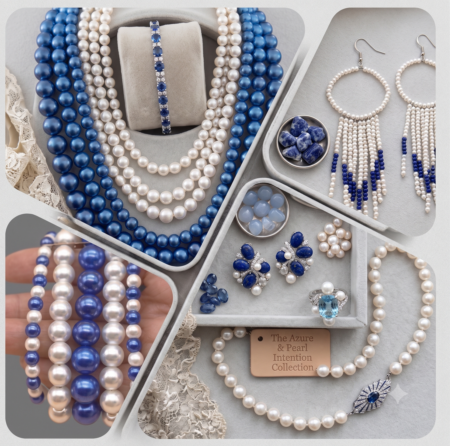 Blue and White Jewelry Collection Featuring Elegant Beaded Necklaces and Earrings in Calming Tones