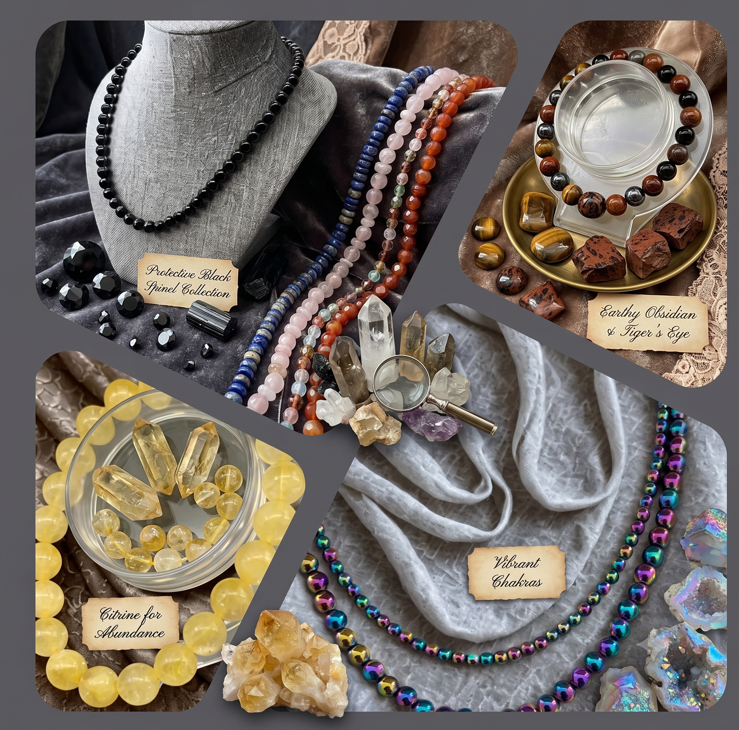 Genuine Gemstones Jewelry Collection featuring handcrafted beaded necklaces in black and reddish brown stones displayed on clear stands and busts