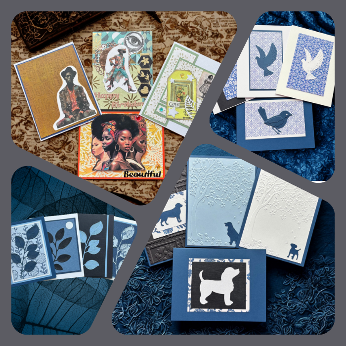 Handmade note cards for life’s sweetest moments featuring embossed tree designs and dog silhouettes on textured paper