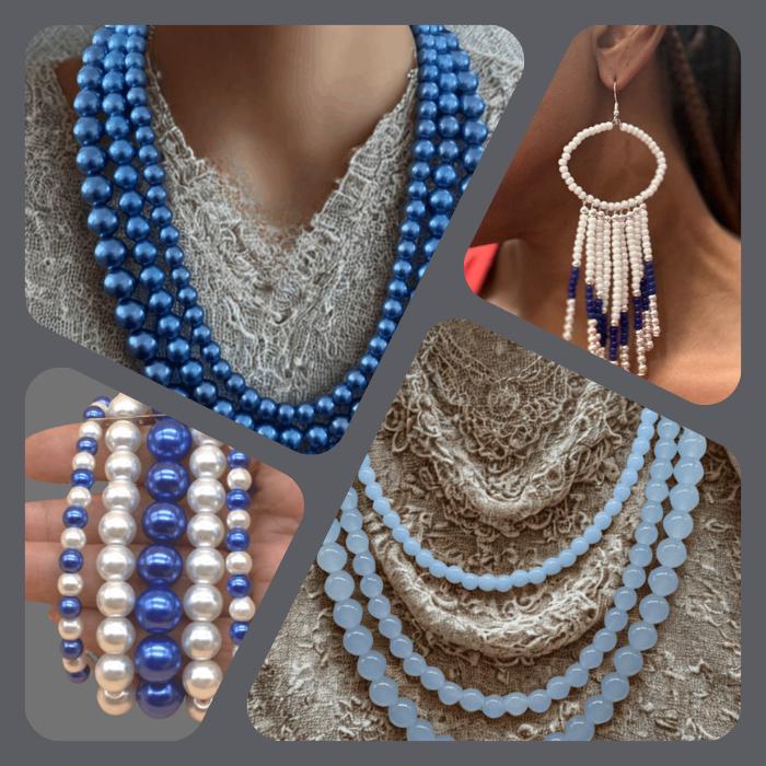 Blue and White Jewelry Collection Featuring Elegant Beaded Necklaces and Earrings in Calming Tones